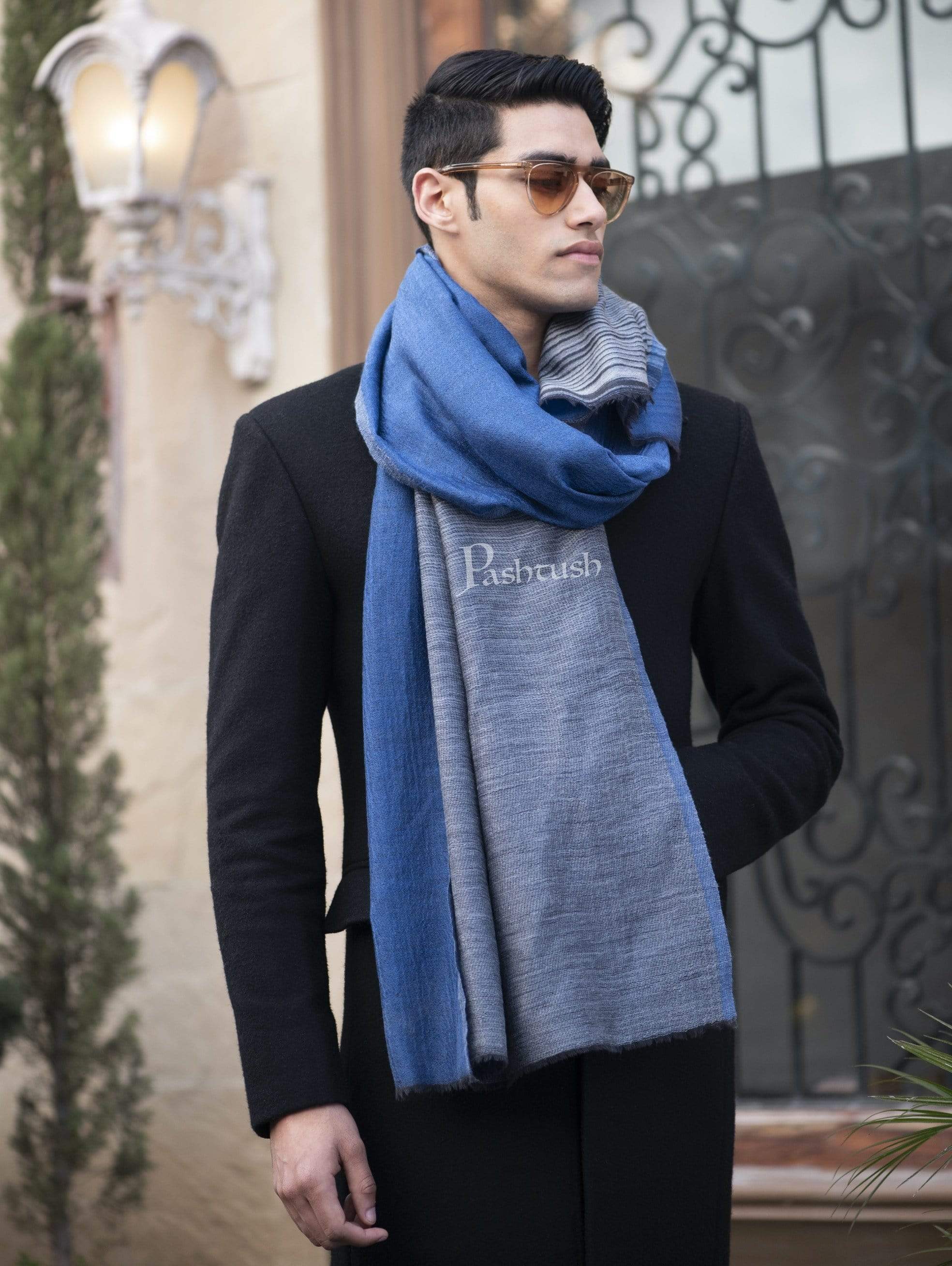 Pashtush Mens Cashmere Wool Scarf, Reversible, Twin Weave, Azure