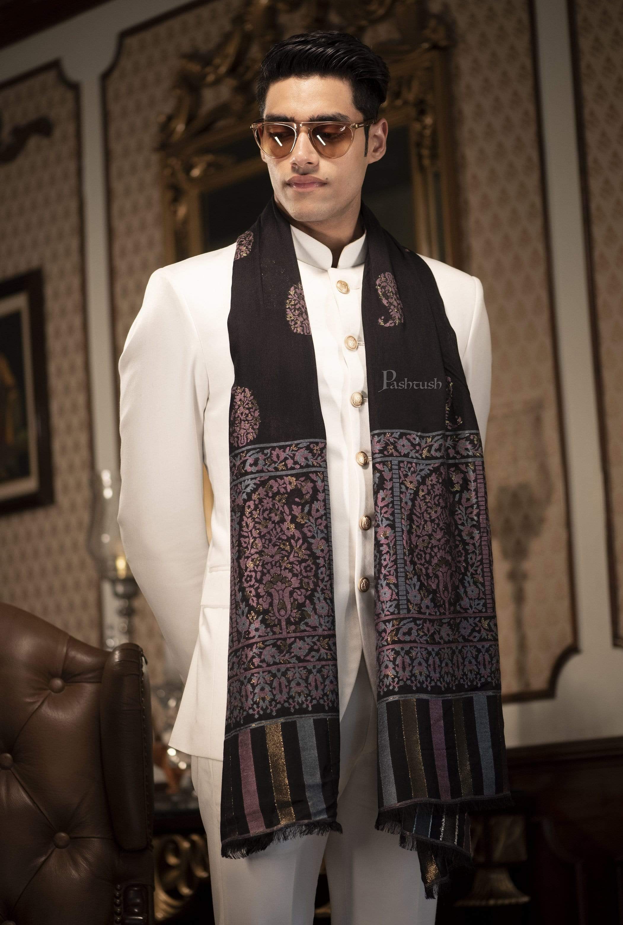 Pashtush Mens Paisley Design, Soft Bamboo Scarf, Golden Zari Thread Weave Pashtush Mens Paisley Design, Soft Bamboo Scarf, Golden Zari Thread Weave