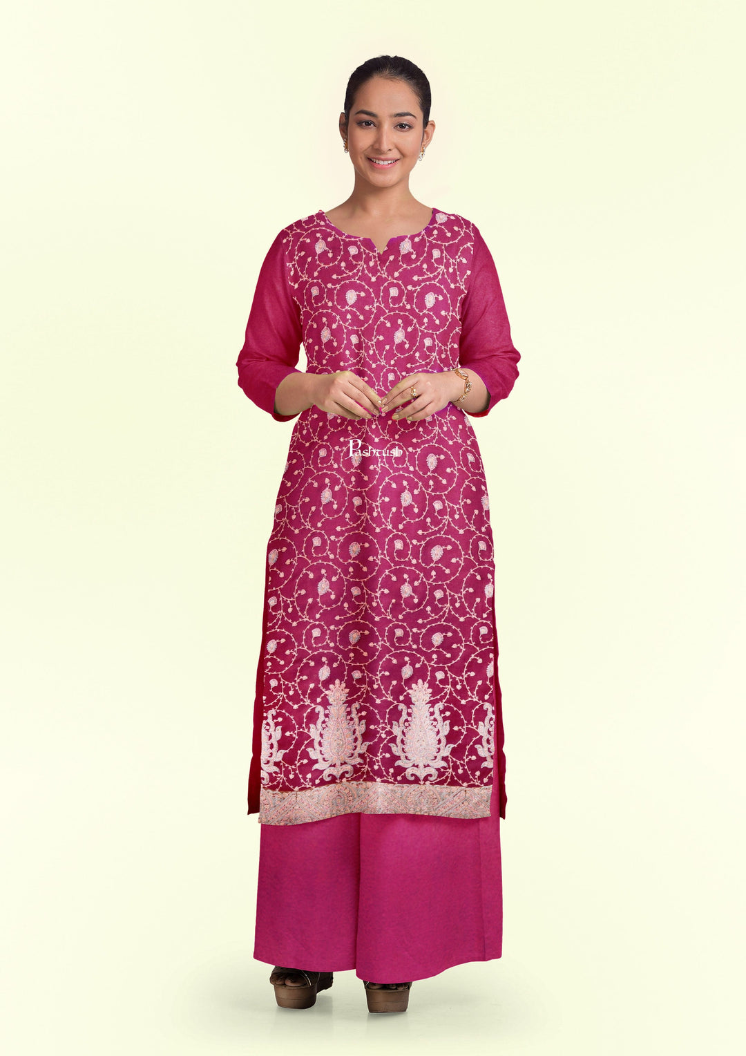 Pashtush India Apparel & Accessories Pashtush Unstitched Kashmiri Embroidery Suit, Fine Wool, Soft and Warm, Majenta