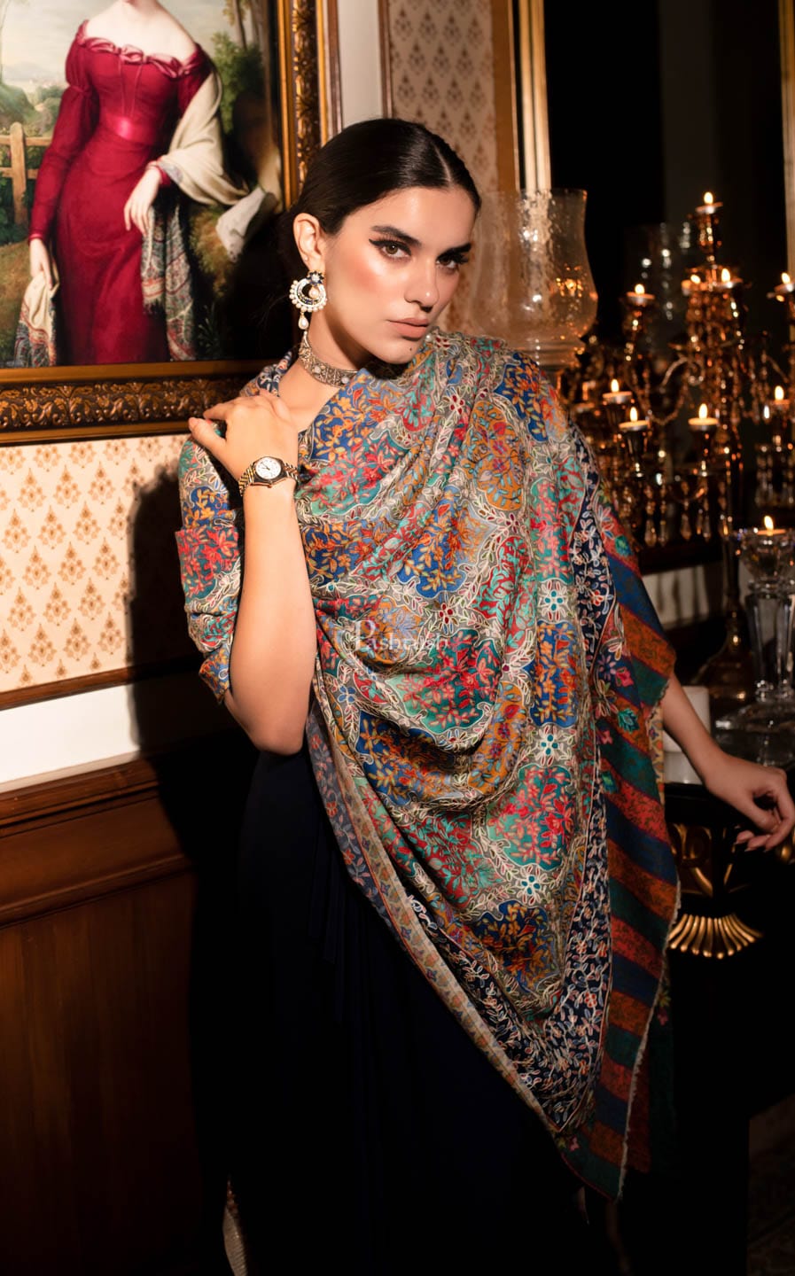 Pashtush India Womens Shawls Pashtush womens Fine Wool shawl, nalki embroidery design, Multicolour