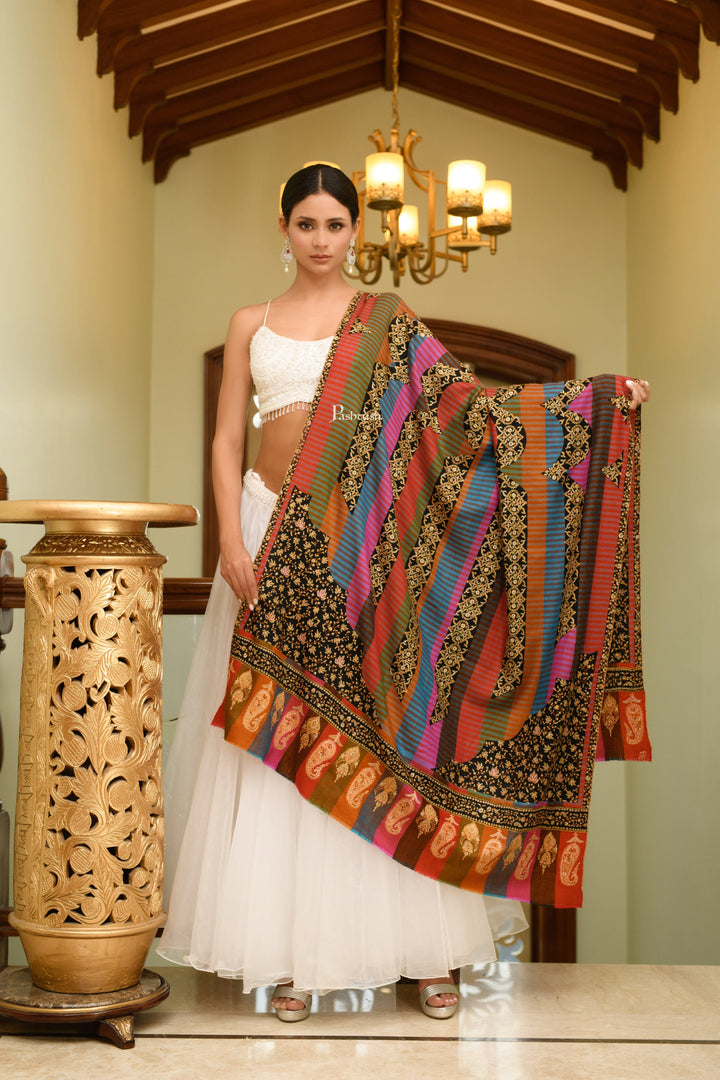 Pashtush India Womens Shawls Pashtush Womens Pure Pashmina, Hand Woven, Sozni Hand Embroidered Stripe Design Shawl, Multicoloured