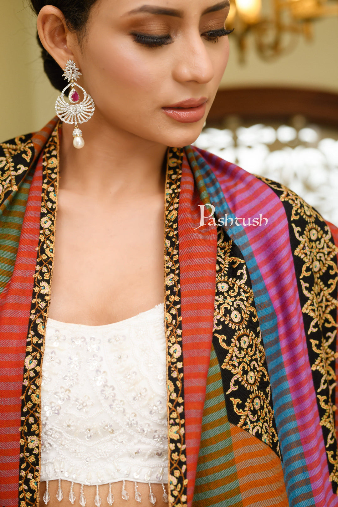 Pashtush India Womens Shawls Pashtush Womens Pure Pashmina, Hand Woven, Sozni Hand Embroidered Stripe Design Shawl, Multicoloured