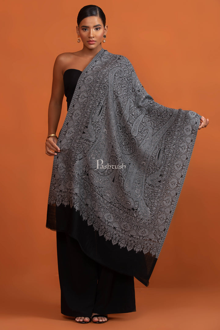 Pashtush Womens Extra Fine Wool Stole, Paisley Jamawar Design, Black