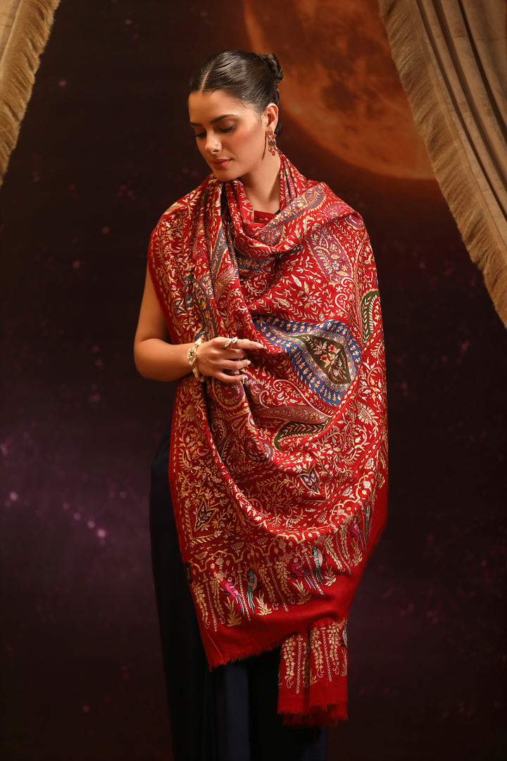 Pashtush Womens Pashmina Shawl, Hand Embroidery Kashmiri Tilla Work, Handloom, Maroon