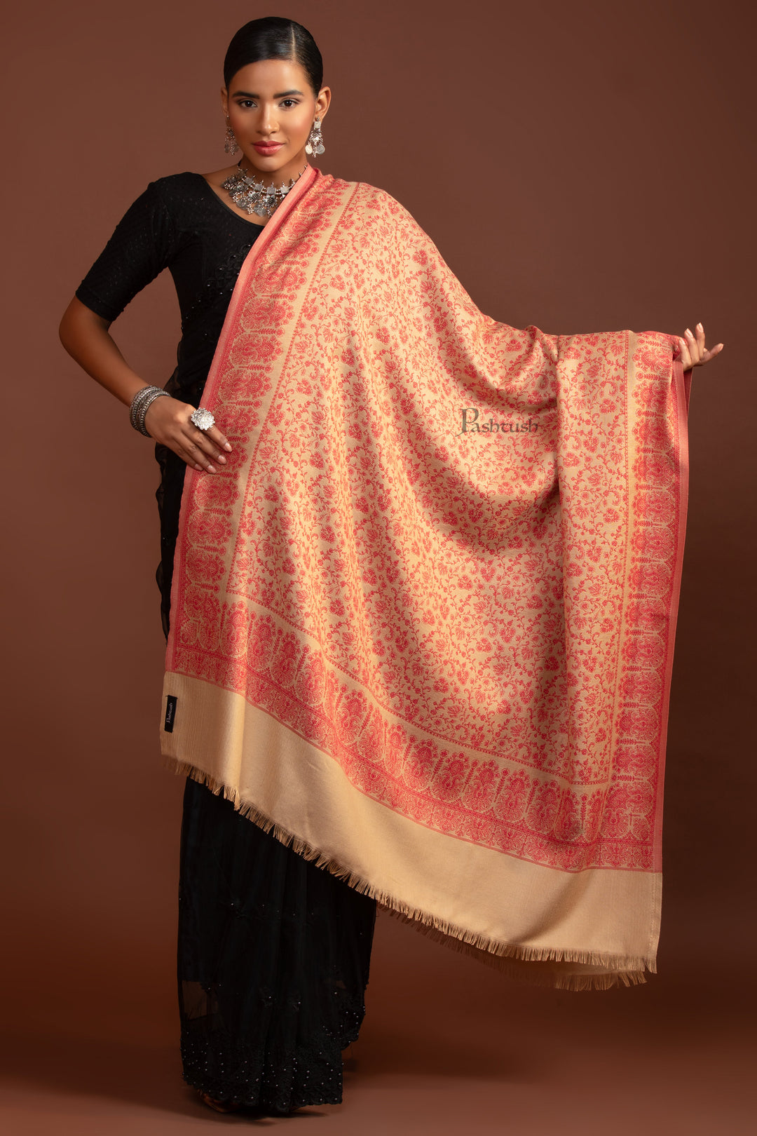 Pashtush Womens Faux Pashmina Shawl, Ethnic  Weave Design, Beige And Red