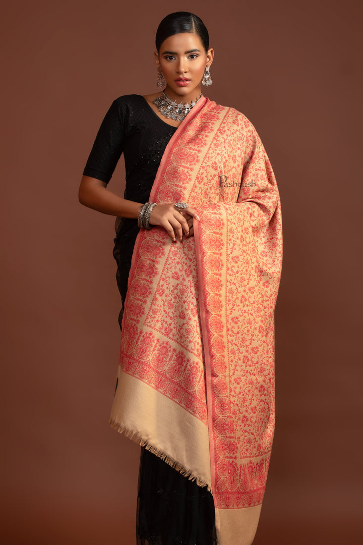 Pashtush Womens Faux Pashmina Shawl, Ethnic  Weave Design, Beige And Red