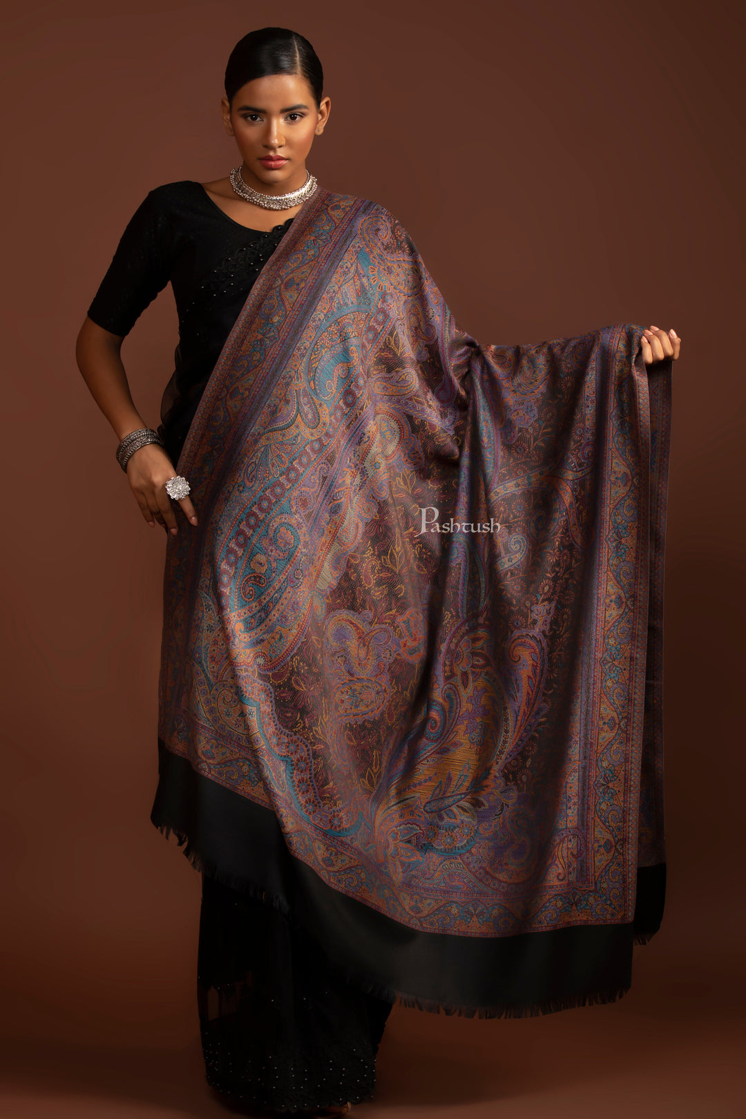 Pashtush Womens Faux Pashmina Shawl, Ethnic Weave Jamawar Design, Black