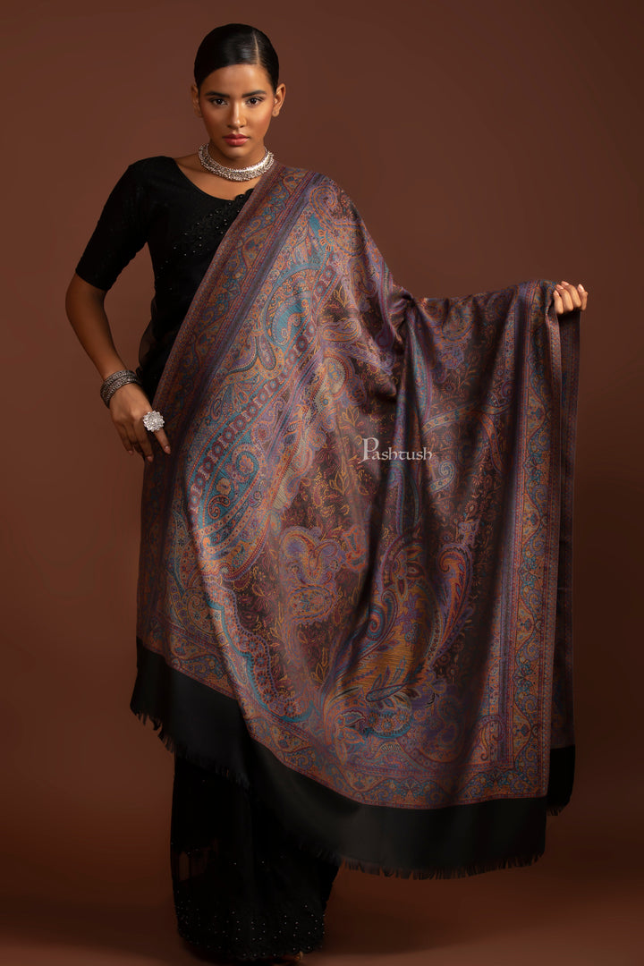 Pashtush Womens Faux Pashmina Shawl, Ethnic Weave Jamawar Design, Black