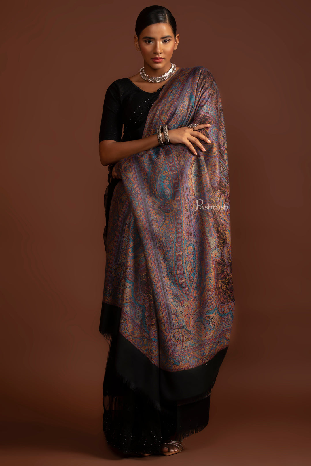 Pashtush Womens Faux Pashmina Shawl, Ethnic Weave Jamawar Design, Black