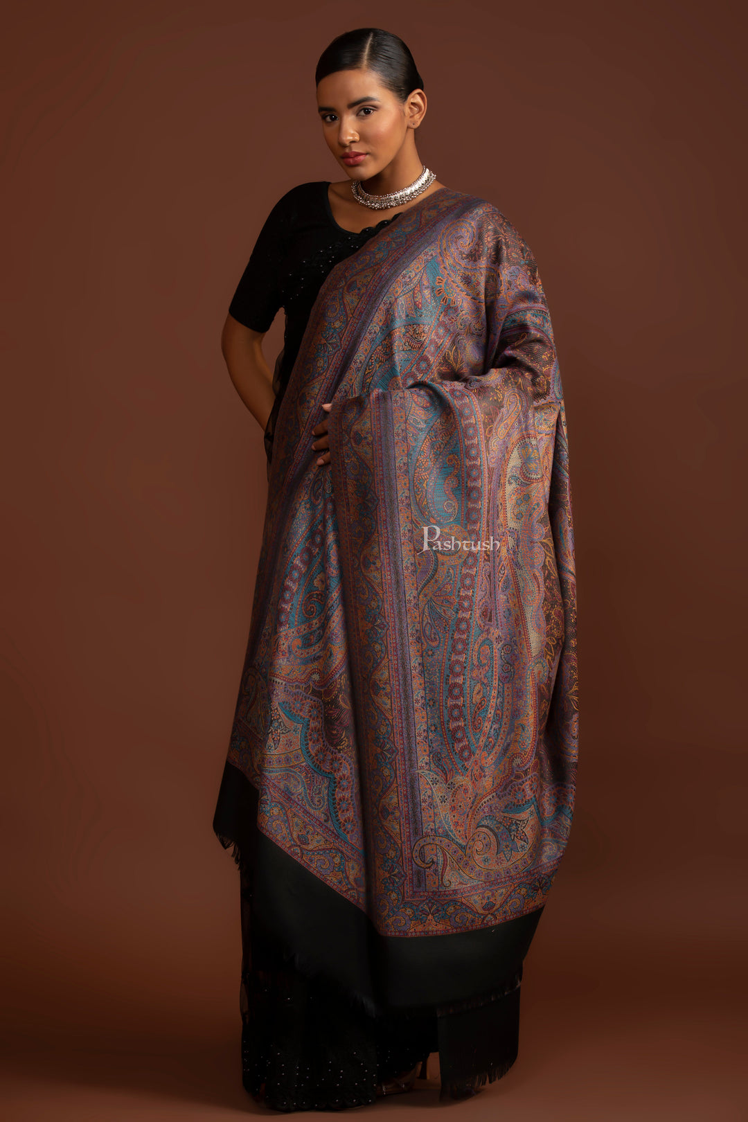 Pashtush Womens Faux Pashmina Shawl, Ethnic Weave Jamawar Design, Black