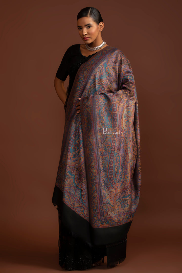 Pashtush Womens Faux Pashmina Shawl, Ethnic Weave Jamawar Design, Black