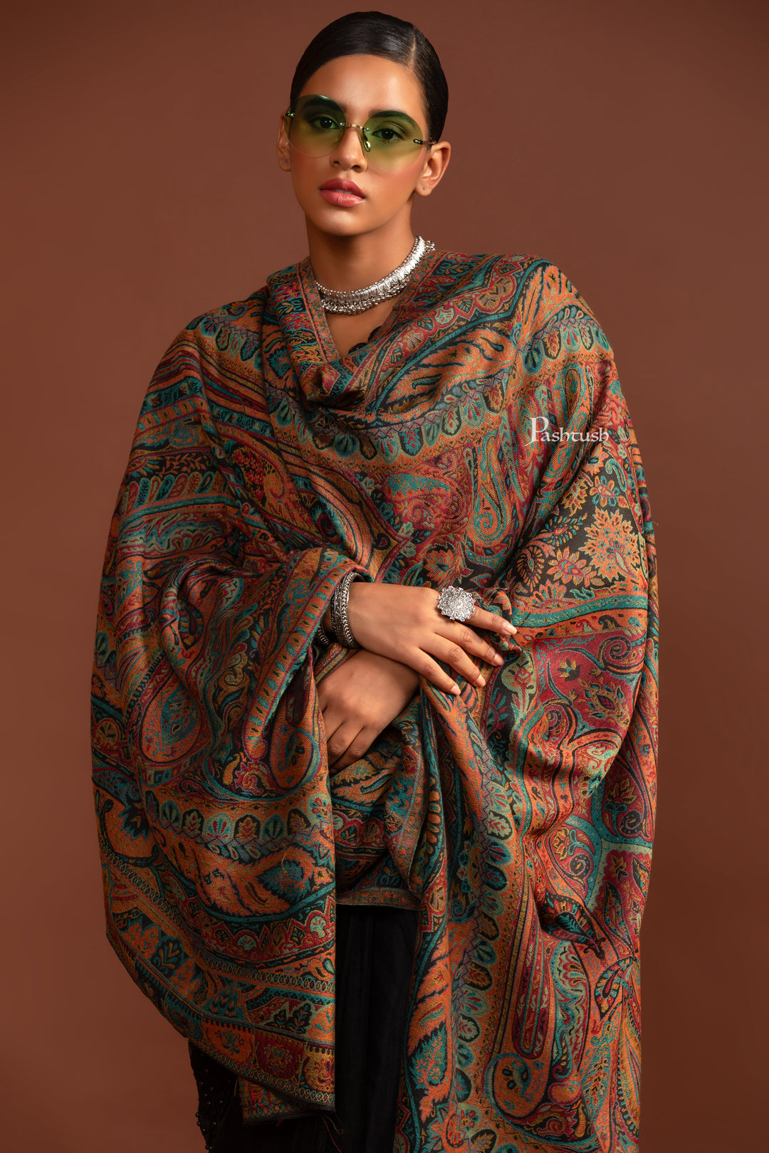 Pashtush Womens Fine Wool Shawl, Soft and Warm, Light Weight, Ethnic Weave, Black