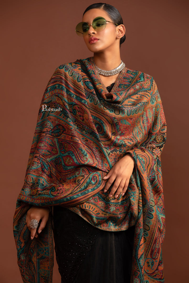 Pashtush Womens Fine Wool Shawl, Soft and Warm, Light Weight, Ethnic Weave, Black