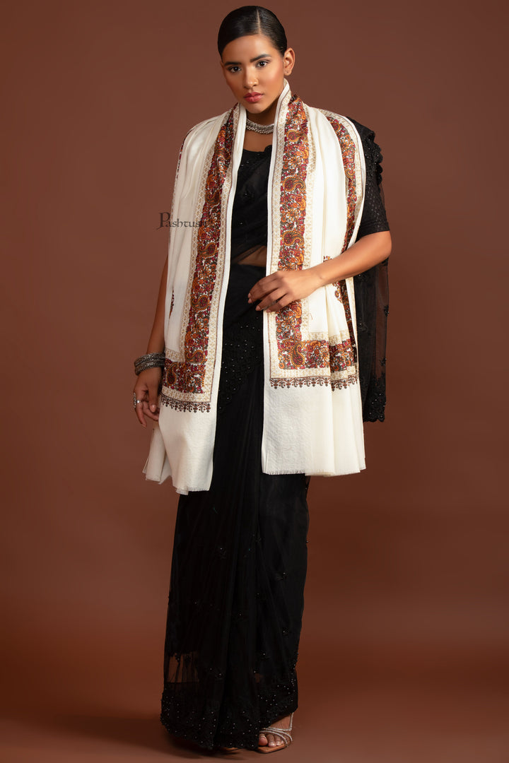 Pashtush Womens Fine Wool Shawl, Challa Daur With Metallic Detailing Design, Ivory
