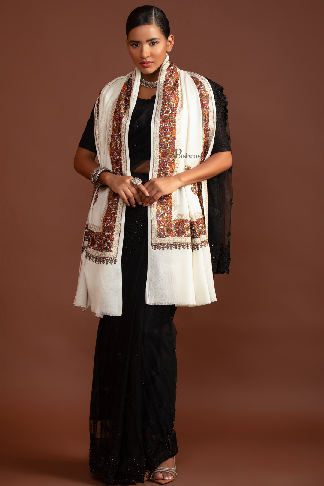 Pashtush Womens Fine Wool Shawl, Challa Daur With Metallic Detailing Design, Ivory