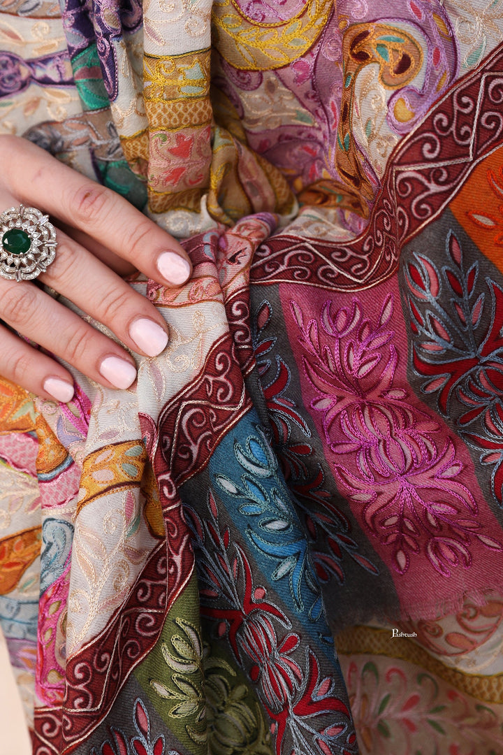 Pashtush Womens Kalamkari Shawl with Hand Embroidered Outline, Fine Wool, Dreamy Pastels