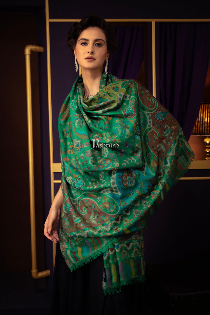 Pashtush women pure wool, woolmark certified shawl, ethnic weave design, Emerald Green