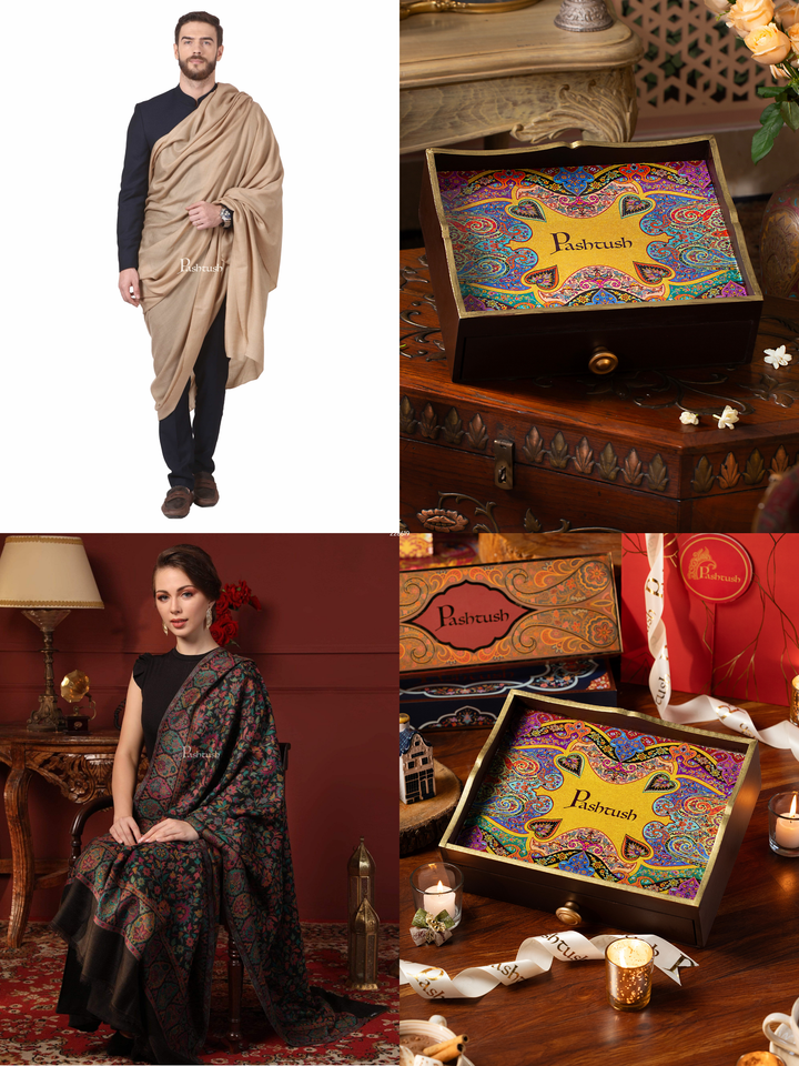 Pashtush His and Her Gift Set of 100% Pure Wool Shawls, Beige and Multicolour, Packaged in Keepsake Wooden Chester Gift Box