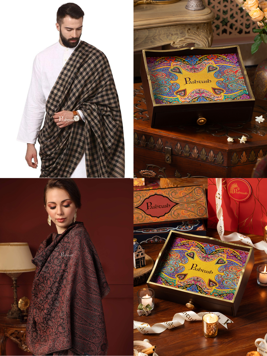 Pashtush His and Her Gift Set of Fine Wool Shawl and Stole, Black and Multicoloured, Packaged in Keepsake Wooden Chester Gift Box