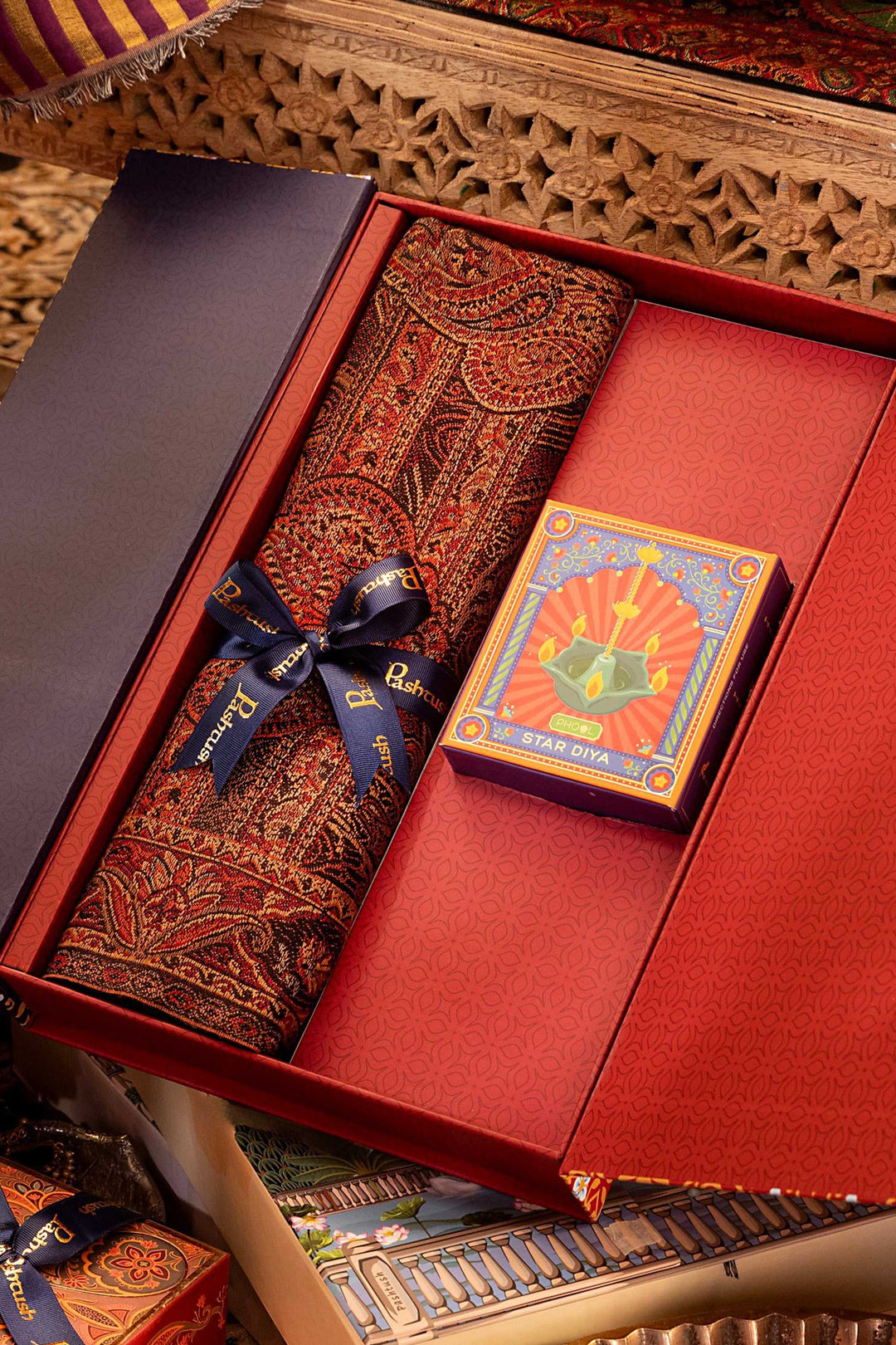 Pashtush India Gift Pack Pashtush Gift Set of Jamawar Stole with Phool Star Diya, Premium Gift Box Packaging