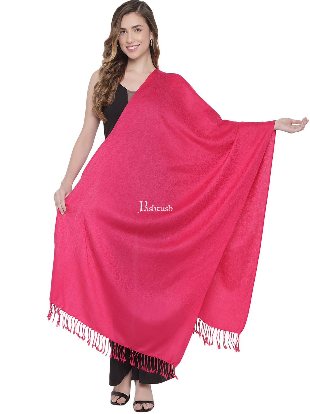 Pashtush Womens Self Stole, Fine Wool, Paisley Weave, Neo Pink