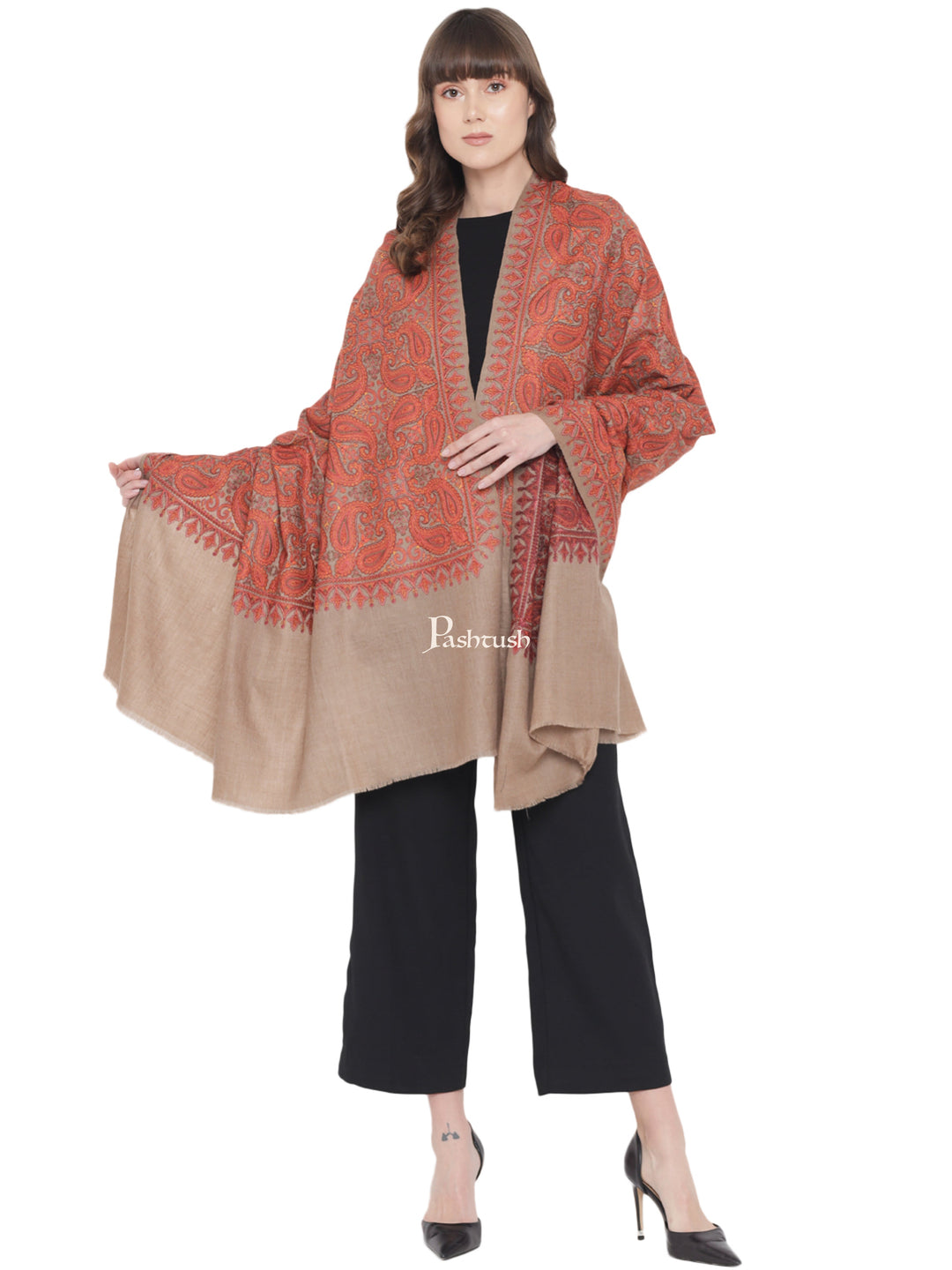 Pashtush Womens Embroidery Jaal Jamawar Shawl, Intricate Heritage Collection, Taupe