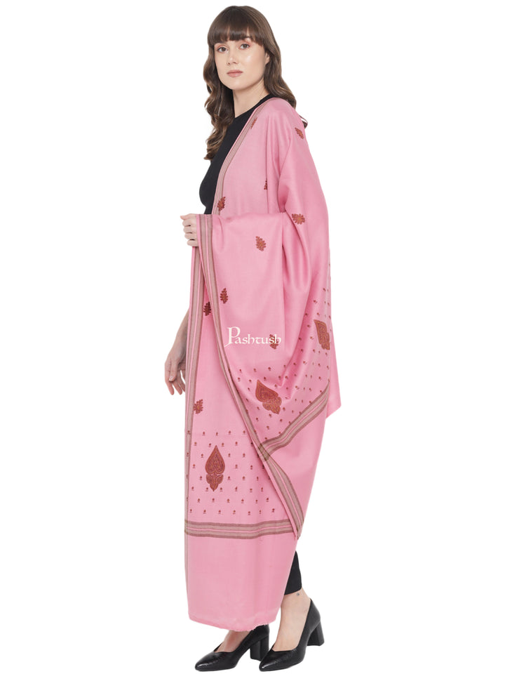 Pashtush Womens Shawl, Woollen, Needlework Embroidery, Pink