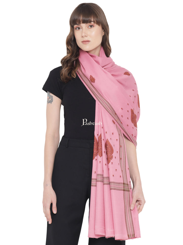 Pashtush Womens Shawl, Woollen, Needlework Embroidery, Pink