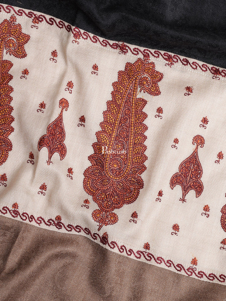 Pashtush Womens Kashmiri Embroidery Shawl, Soft and Warm, Stitched Palla, Beige and Black