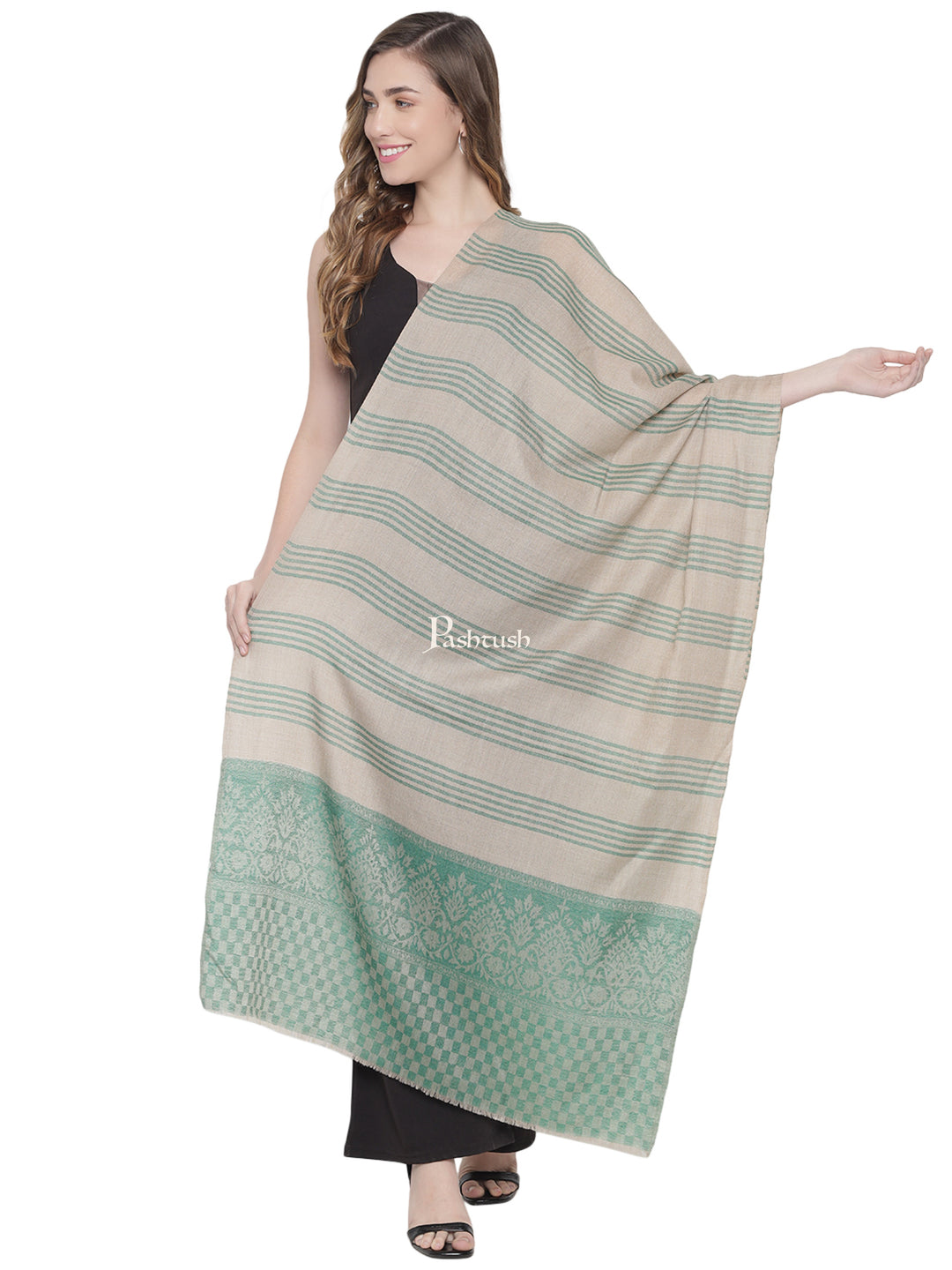 Pashtush Womens, Fine Wool Stole, Striped Weave, Beige and Green