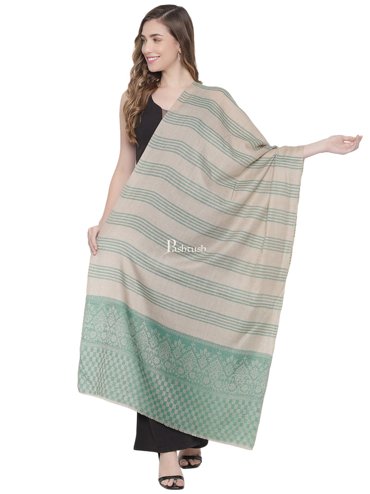 Pashtush Womens, Fine Wool Stole, Striped Weave, Beige and Green