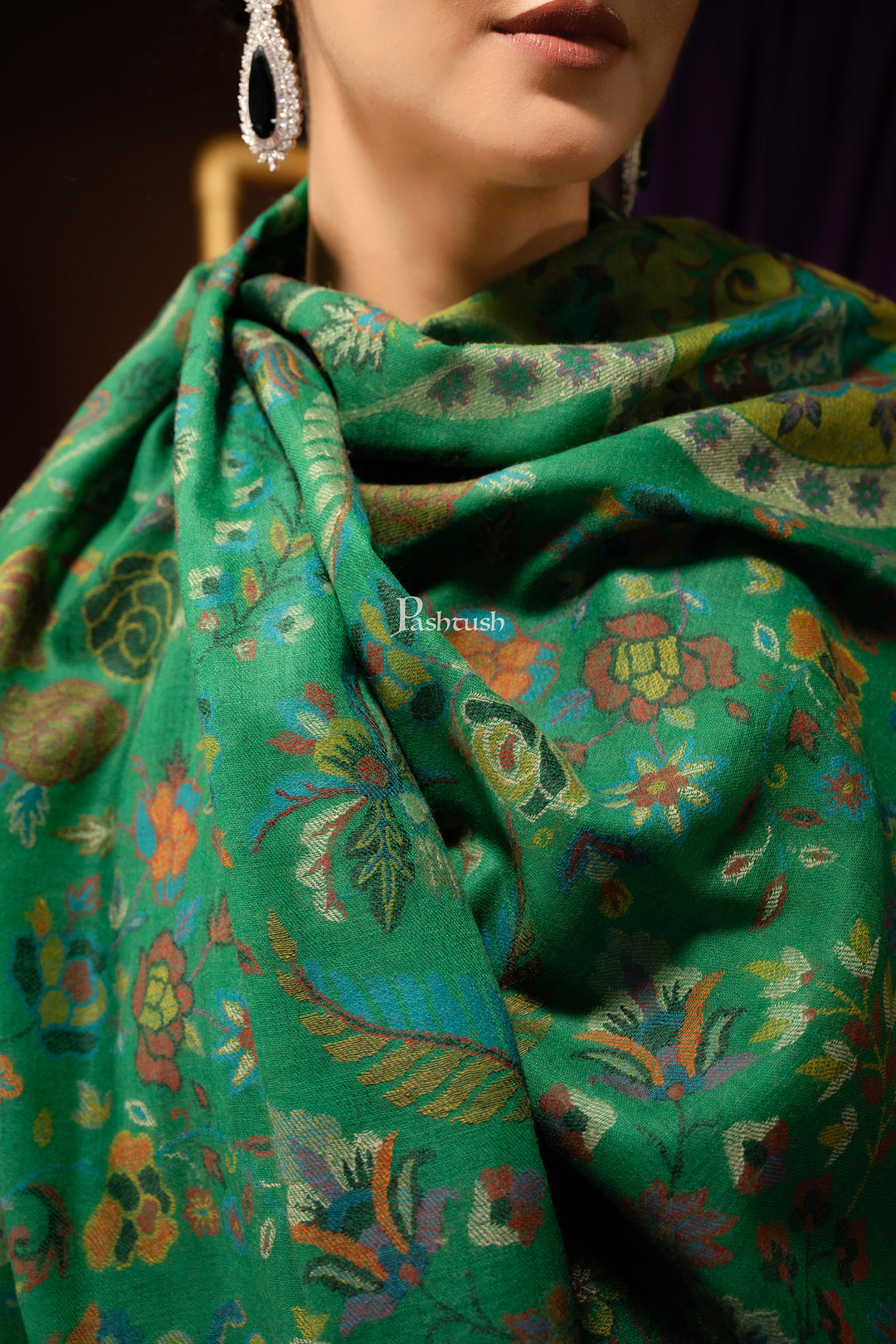 Pashtush women pure wool, woolmark certified shawl, ethnic weave design, Emerald Green