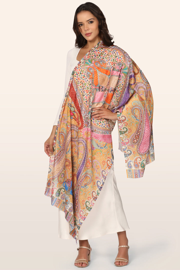 Pashtush Womens Bamboo Stole, Nalki Embroidery Pasiley Weave Design, Multicolour