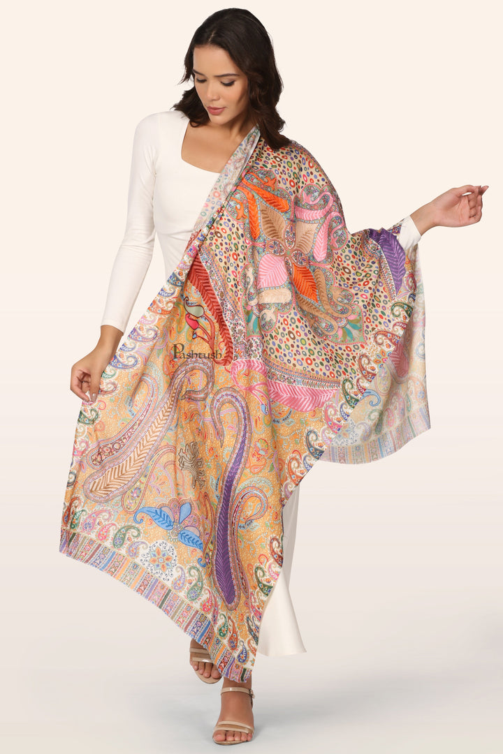 Pashtush Womens Bamboo Stole, Nalki Embroidery Pasiley Weave Design, Multicolour