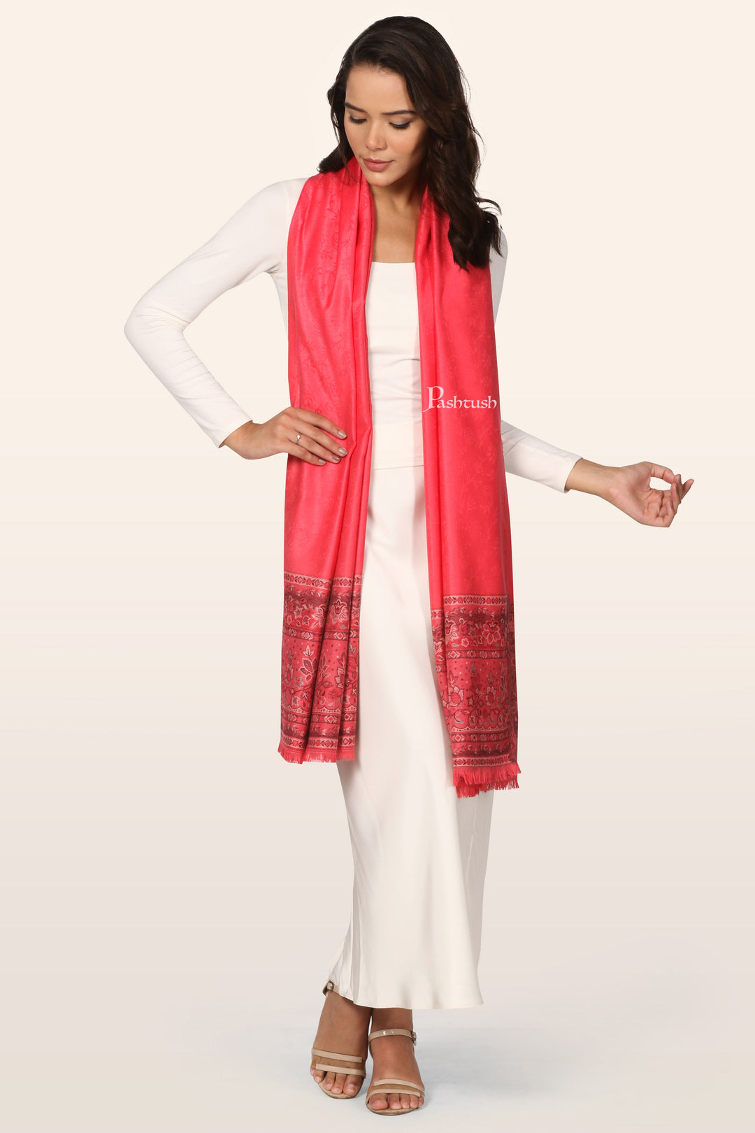 Pashtush Womens Extra Soft Bamboo Stole, Paisley Palla Design, Bright Pink