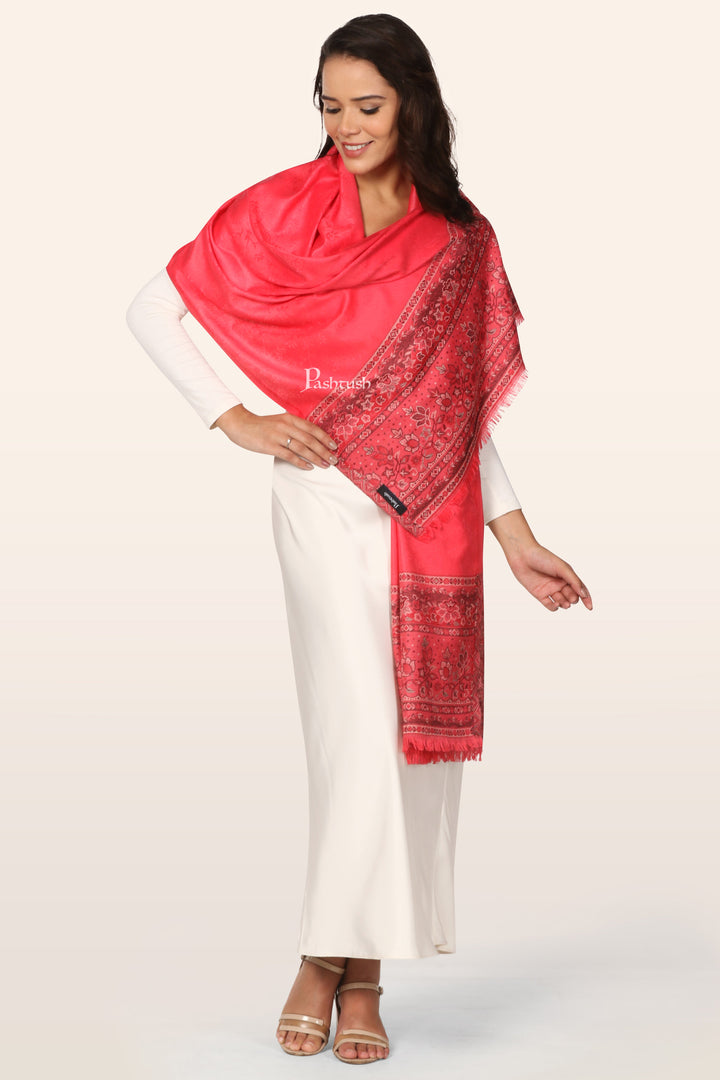 Pashtush Womens Extra Soft Bamboo Stole, Paisley Palla Design, Bright Pink