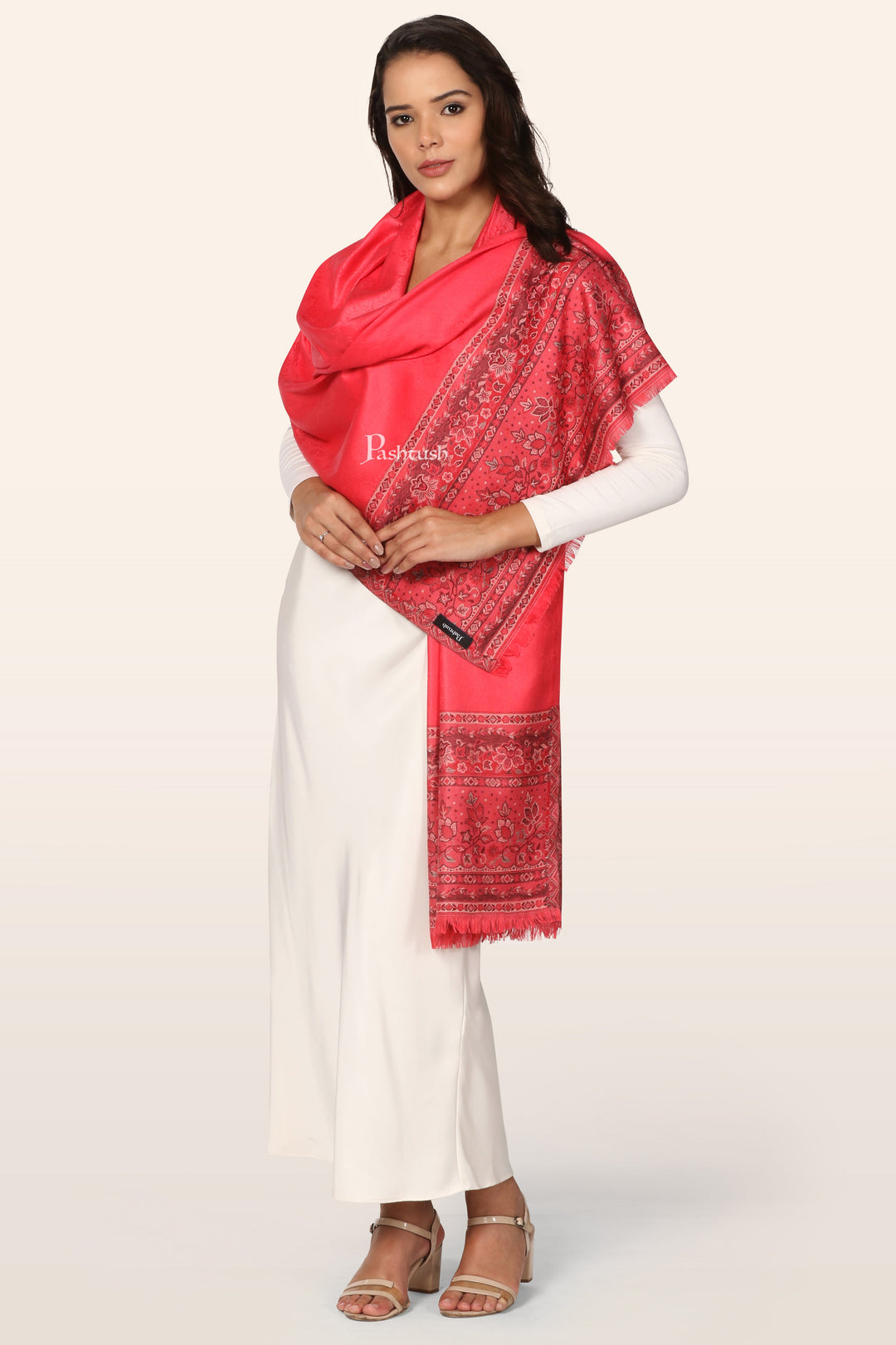 Pashtush Womens Extra Soft Bamboo Stole, Paisley Palla Design, Bright Pink