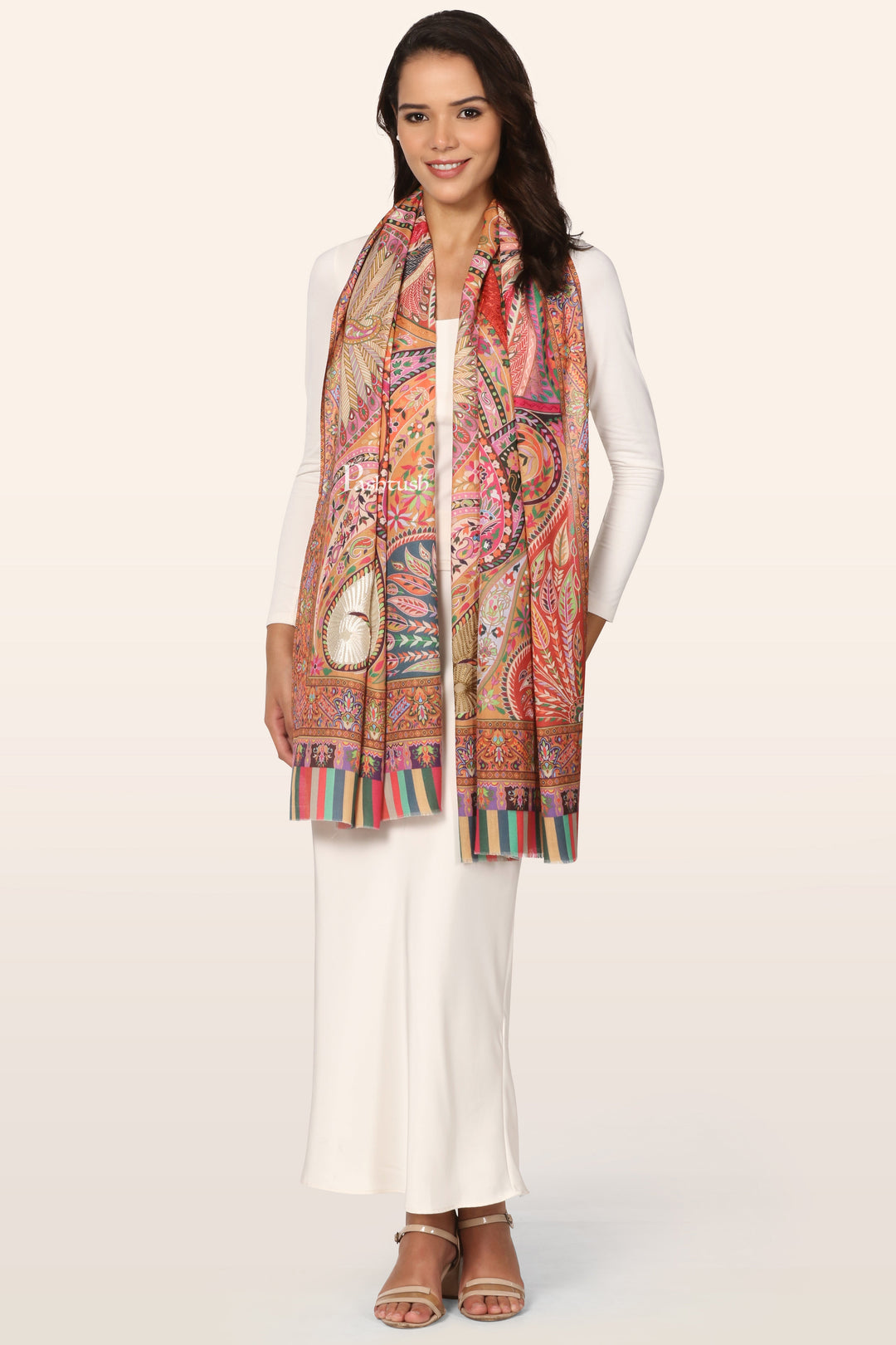 Pashtush Womens Stole, Soft bamboo, Print with Multicoloured Aari Embroidery