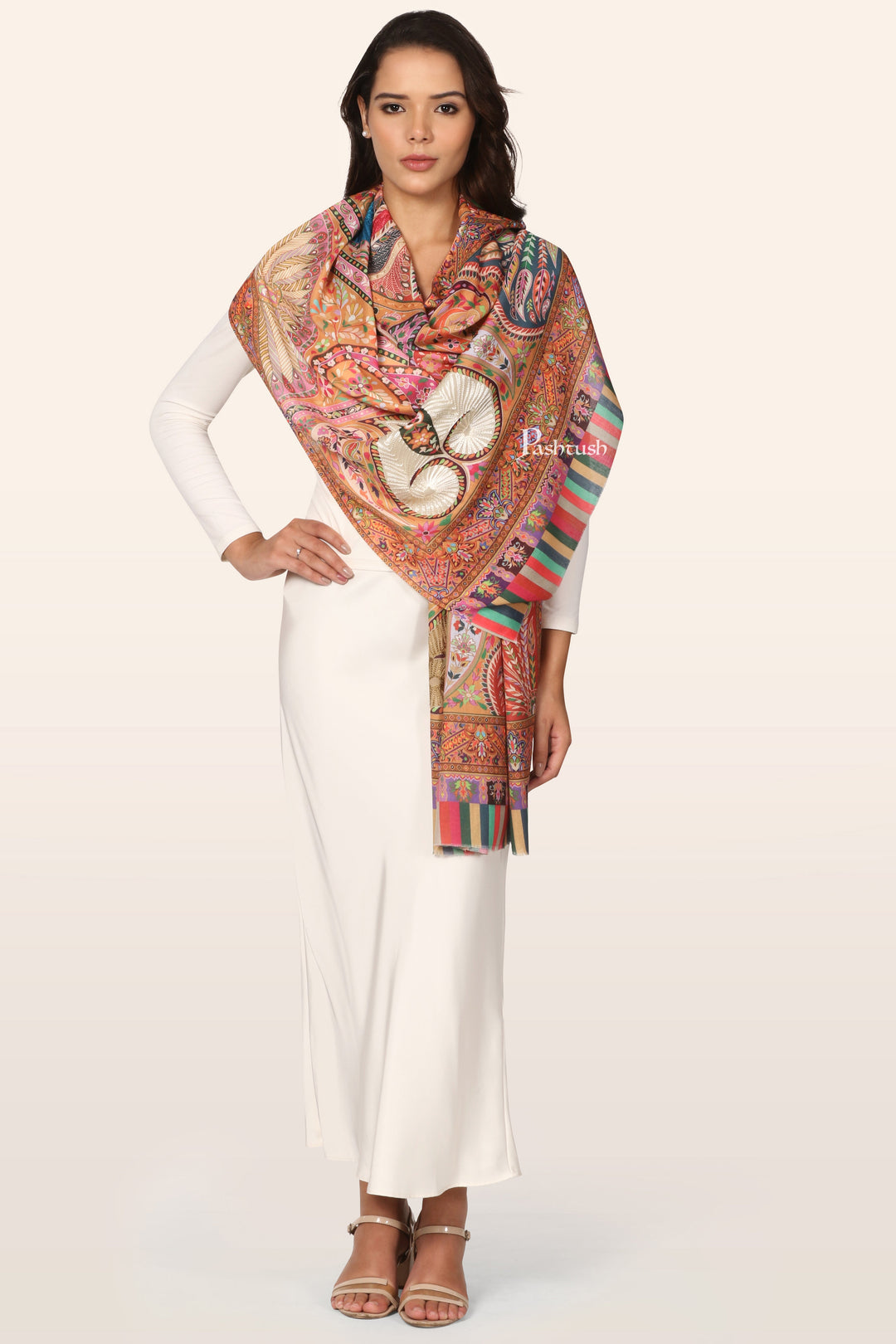 Pashtush Womens Stole, Soft bamboo, Print with Multicoloured Aari Embroidery