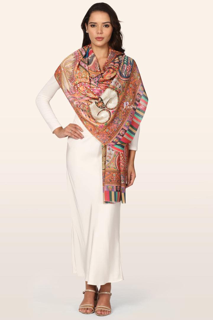 Pashtush Womens Stole, Soft bamboo, Print with Multicoloured Aari Embroidery