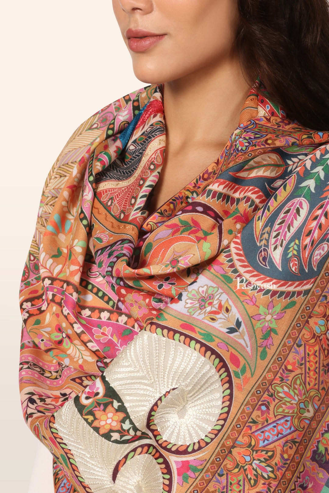 Pashtush Womens Stole, Soft bamboo, Print with Multicoloured Aari Embroidery