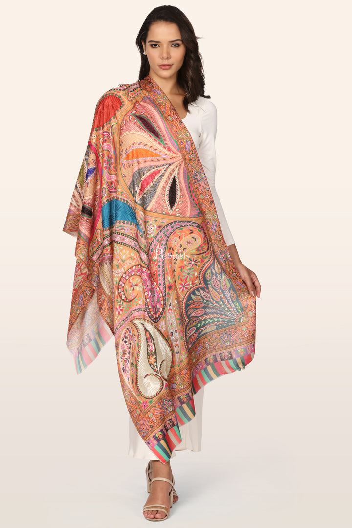 Pashtush Womens Stole, Soft bamboo, Print with Multicoloured Aari Embroidery