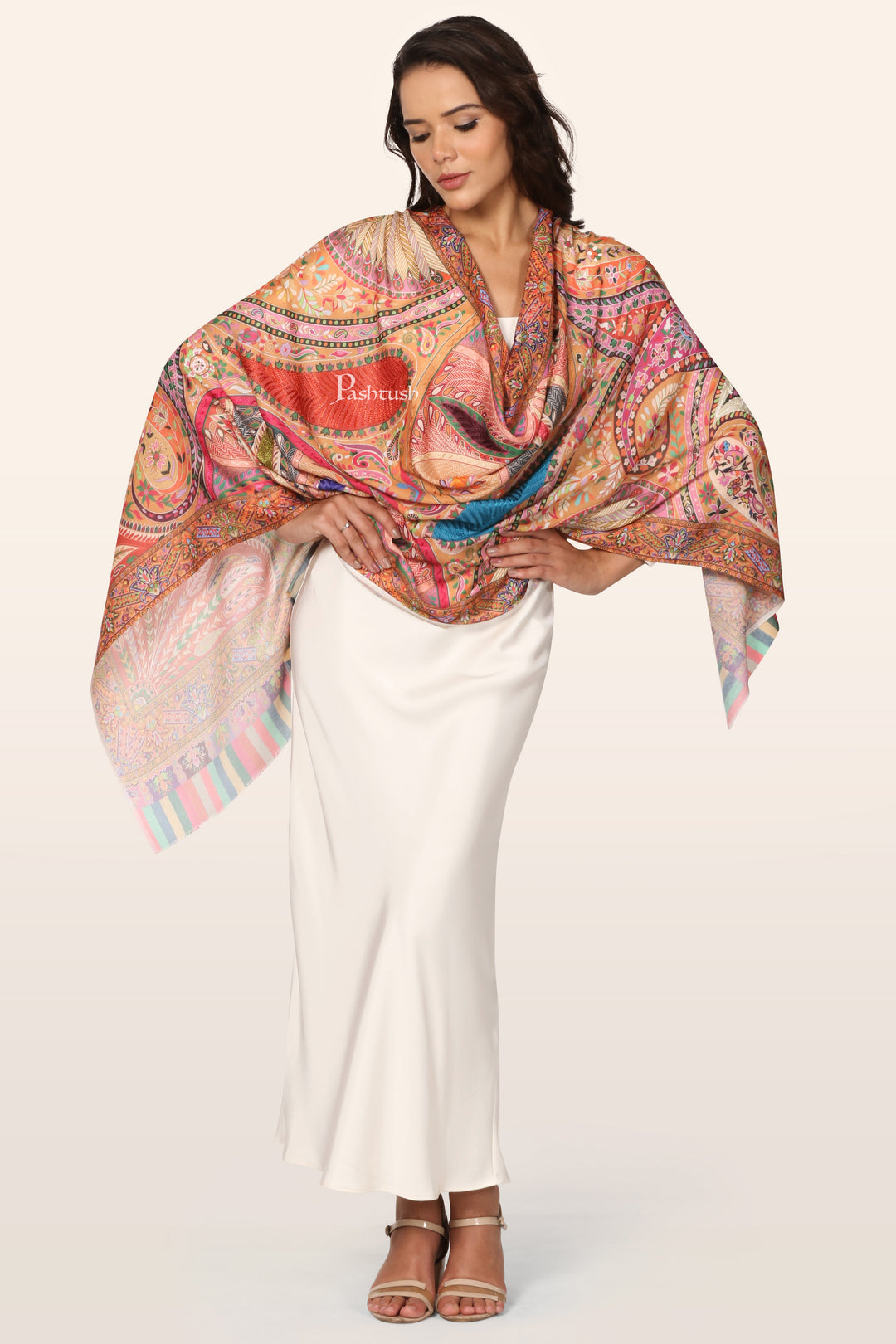 Pashtush Womens Stole, Soft bamboo, Print with Multicoloured Aari Embroidery