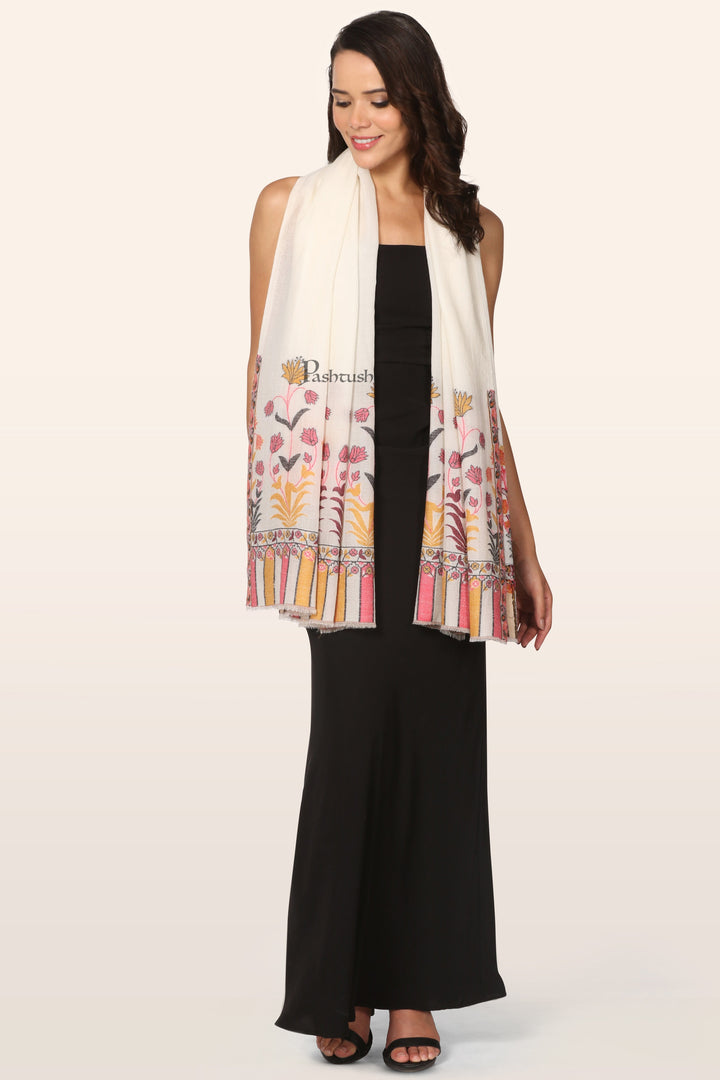 Pashtush Womens Extra Fine Wool Stole, Floral Design, Ivory