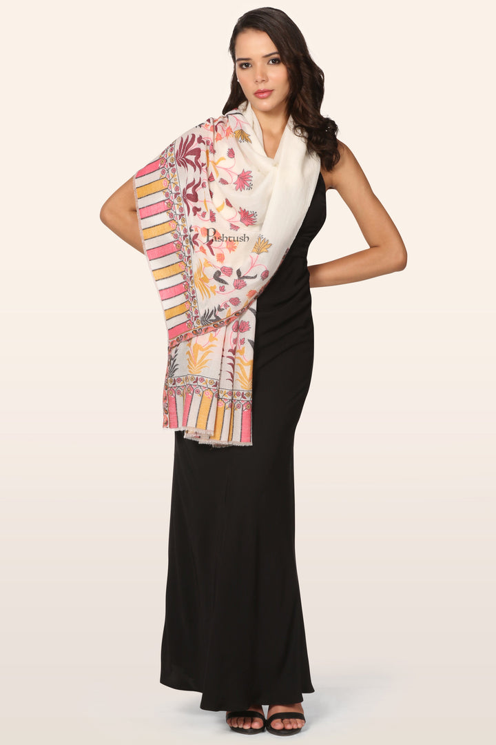Pashtush Womens Extra Fine Wool Stole, Floral Design, Ivory