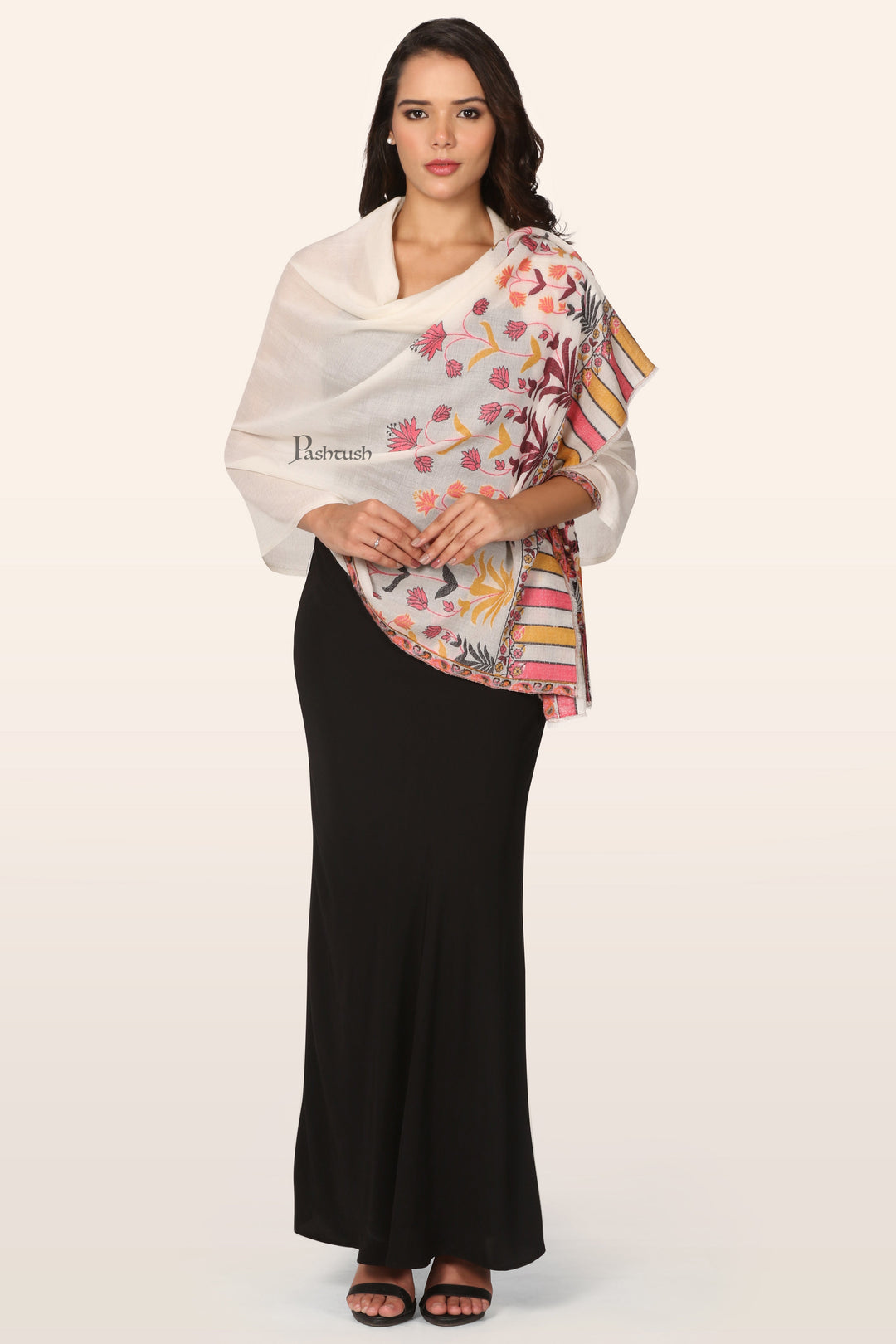 Pashtush Womens Extra Fine Wool Stole, Floral Design, Ivory