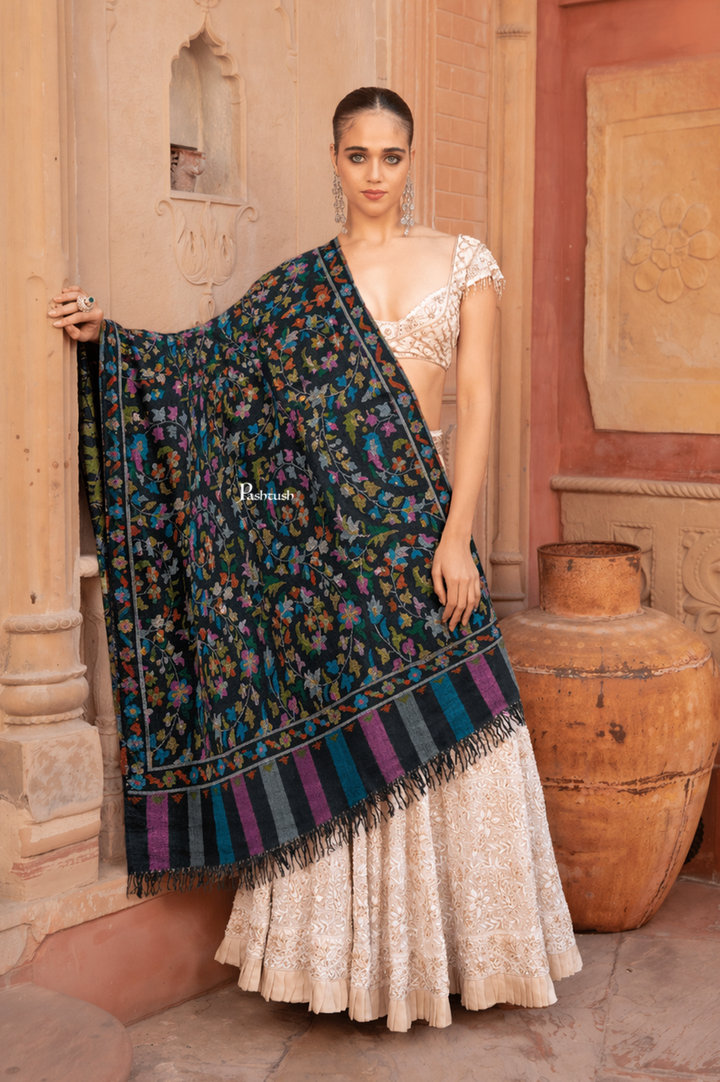 Pashtush Womens Pure Pashmina Handloom Kaani Shawl, Handwoven, Jewel Black