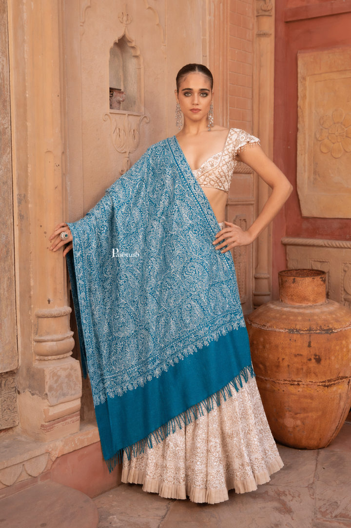 Pashtush Womens Pure Pashmina shawl, tonal hand embroidery, handwoven, Aqua Blue