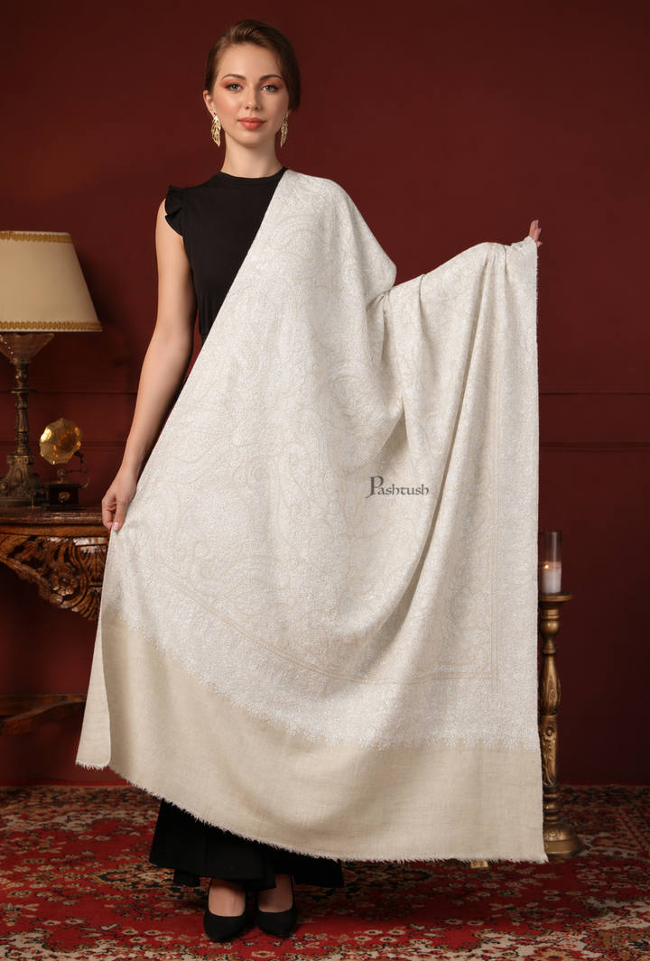Pashtush Womens Pure Pashmina Shawl, Hand Embroidery, Hand Woven, Tonal Design, Ivory