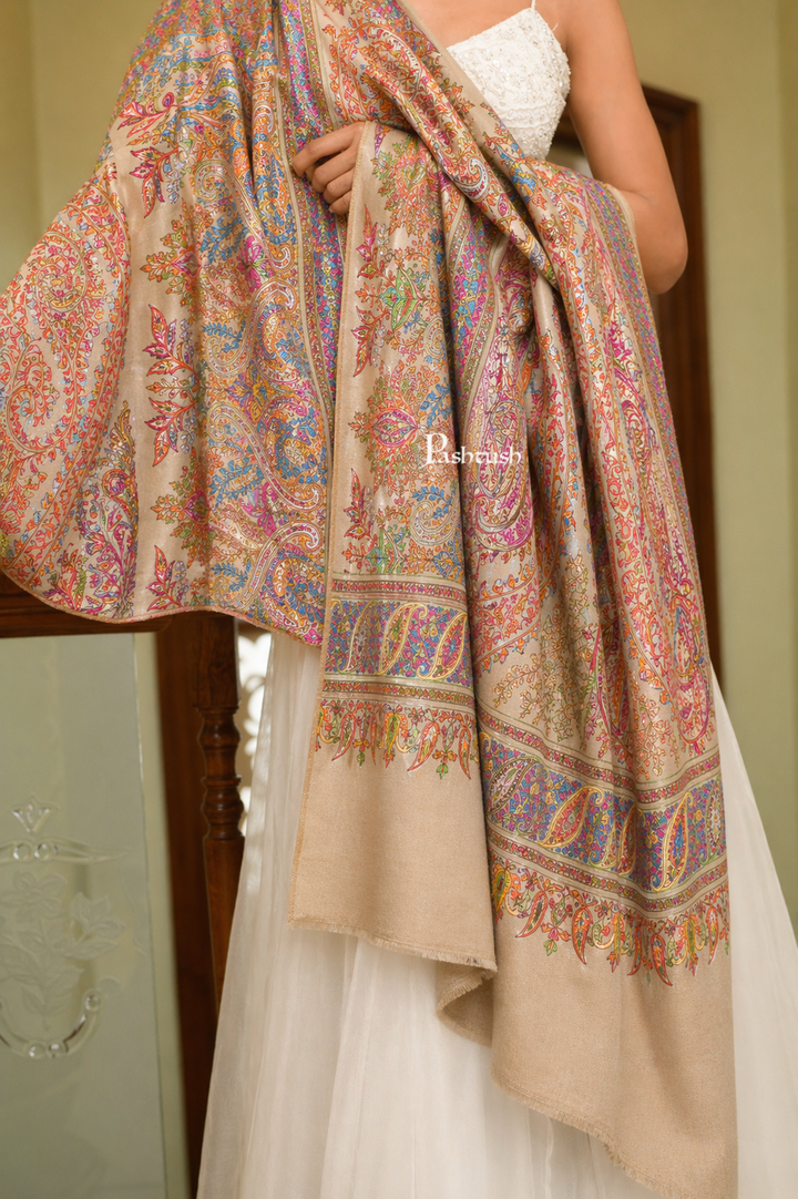 Pashtush  Pure Pashmina Shawl, Sozni Hand Embroidery, Hand Woven Design, Beige